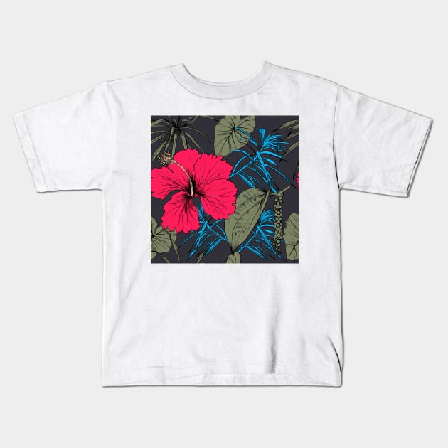 Tropical exotic flowers and leaves Kids T-Shirt by Olga Berlet